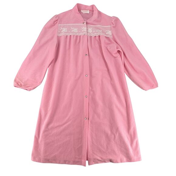 Vintage 1970s Valetta Pink Dressing Gown Nightgown Lace Embroidery Medium - Picture 2 of 8